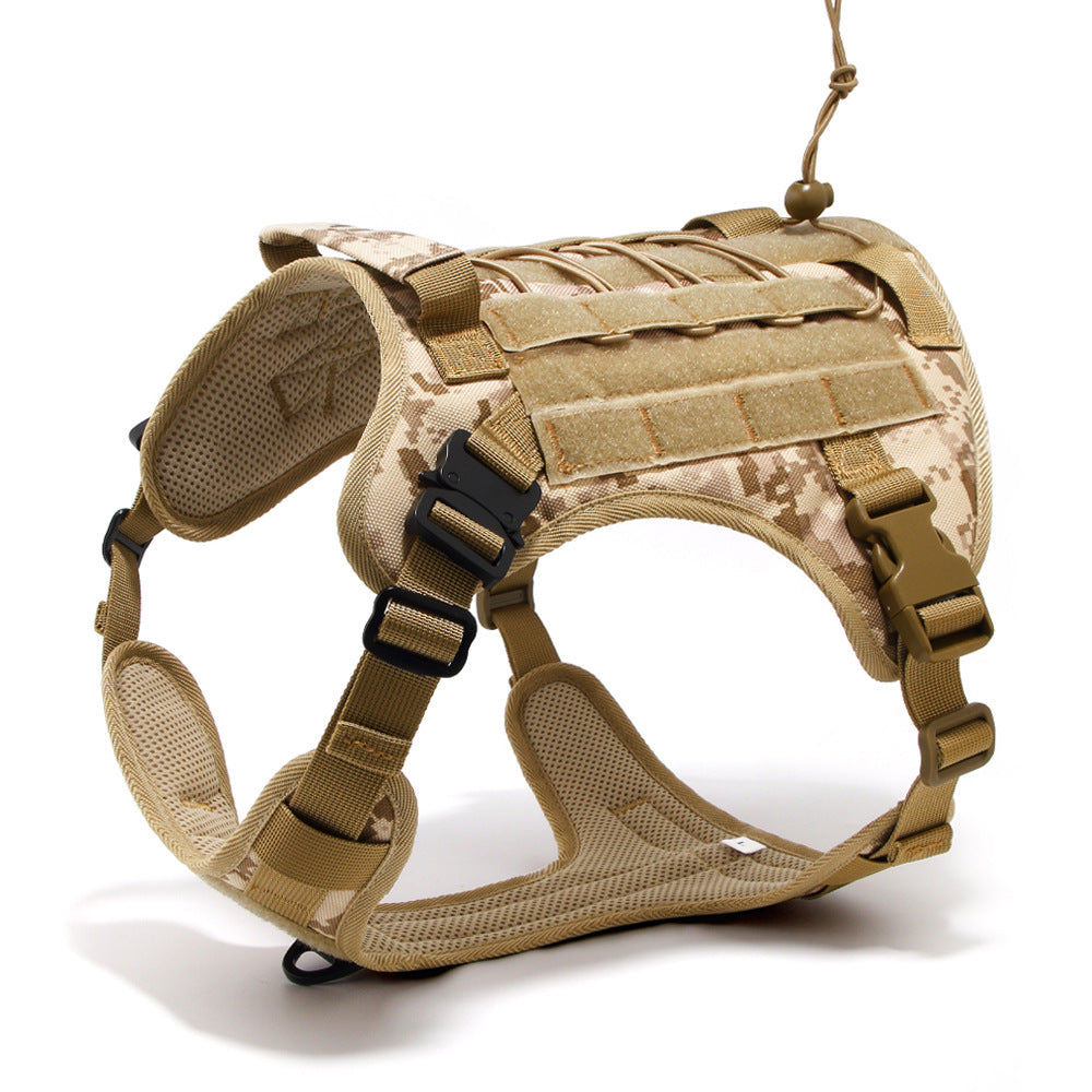 Tactical dog harness with camouflage pattern on a white background