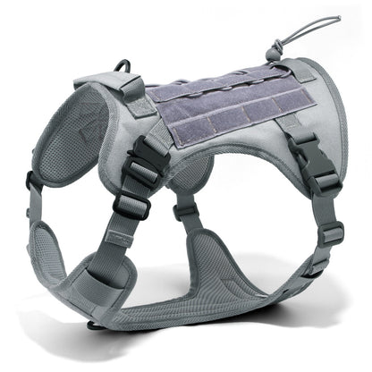 Gray tactical dog harness on a white background