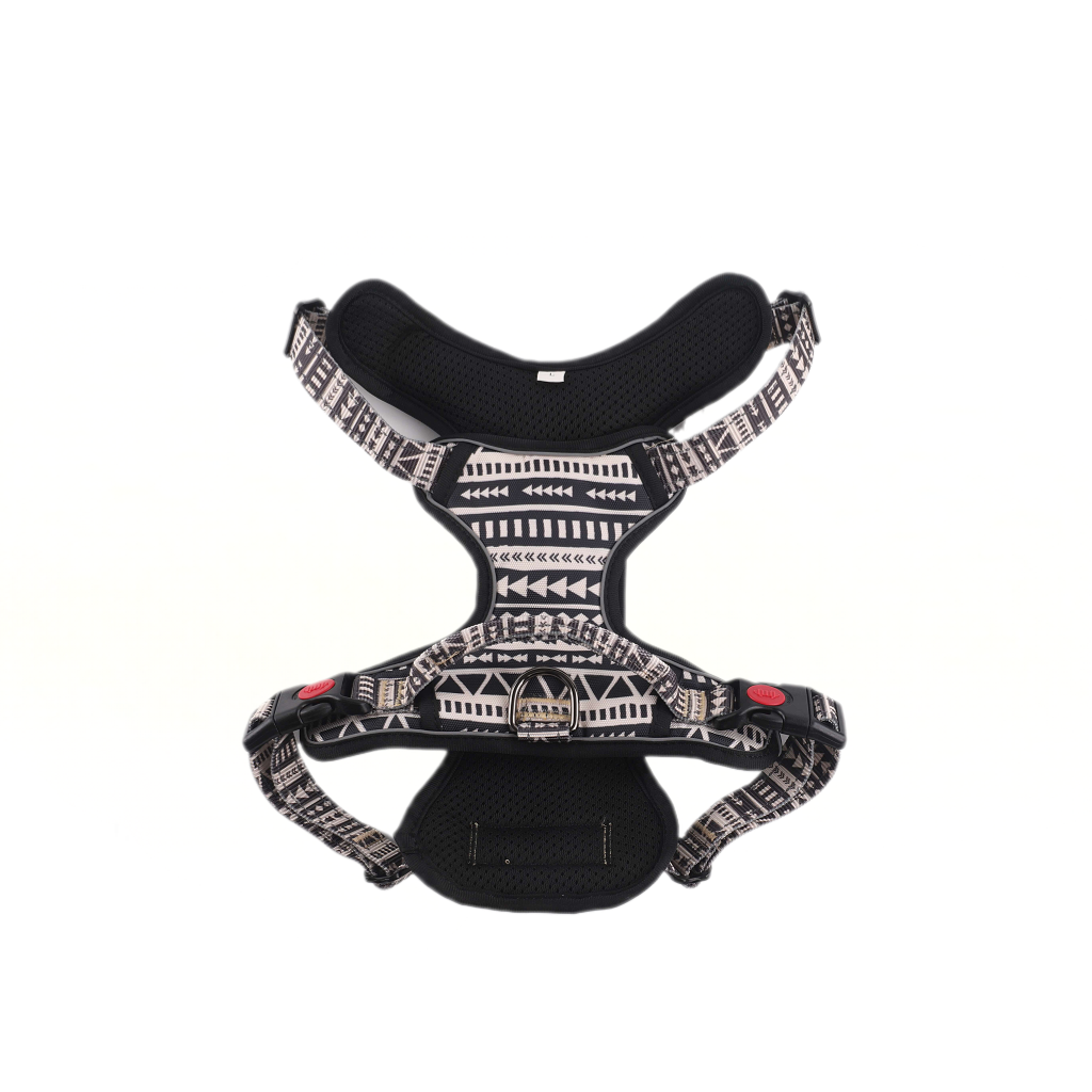 Dog harness with black and white pattern on a white background