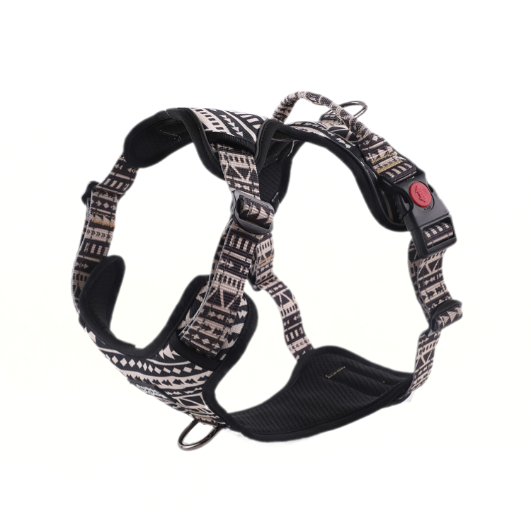 Dog harness with black and white pattern on a white background