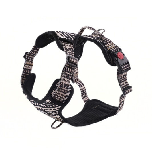 Dog harness with black and white pattern on a white background