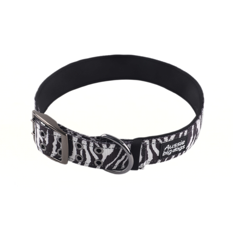large black and white zebra pattern dog collar on white background