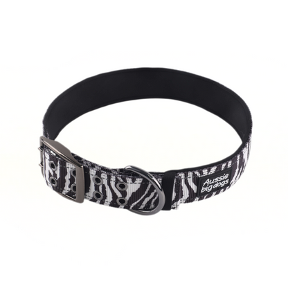 large black and white zebra pattern dog collar on white background
