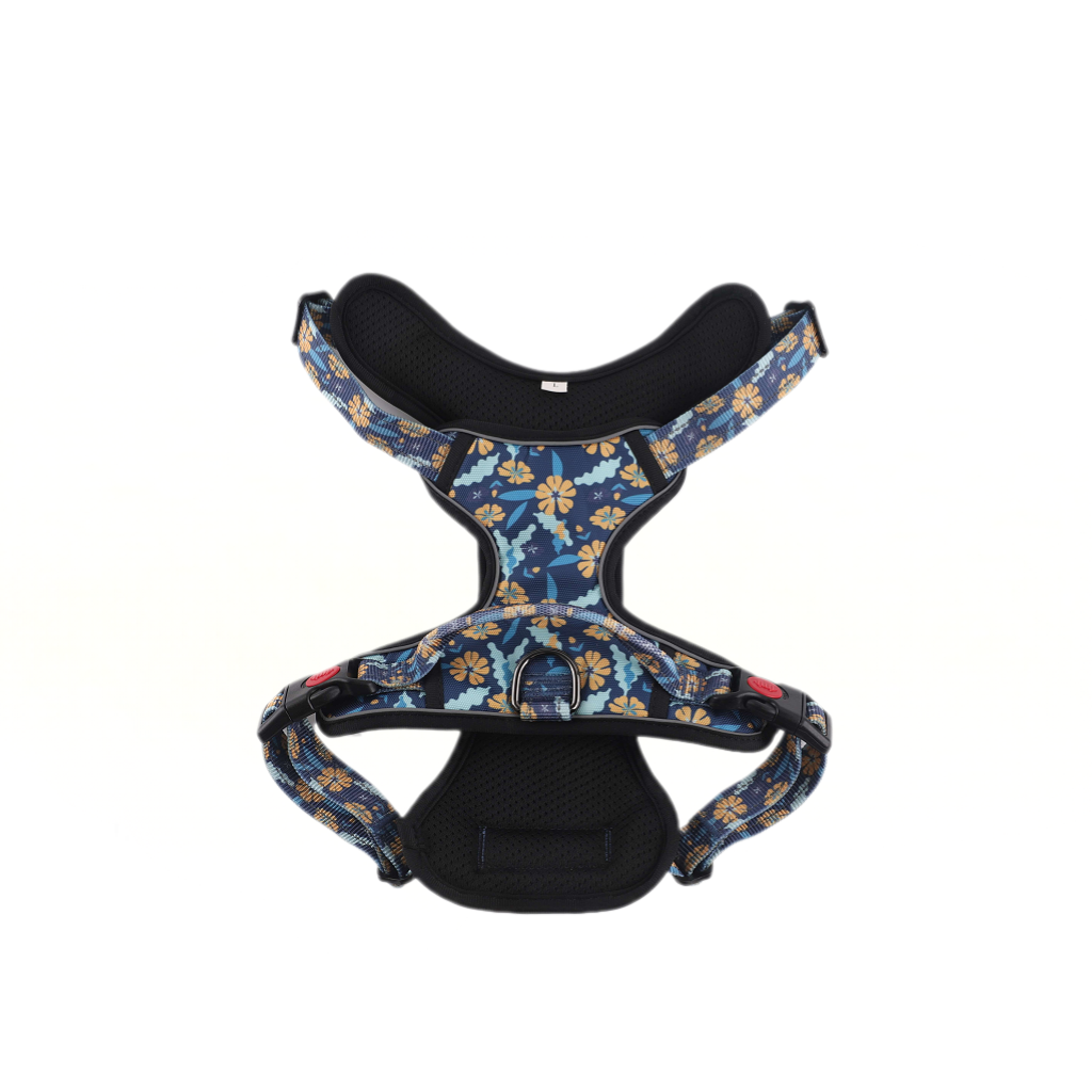 Dog harness with blue floral pattern on a white background