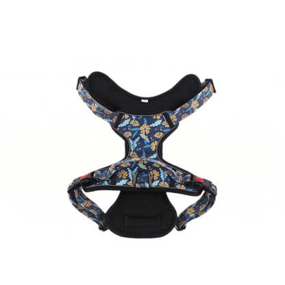 Dog harness with blue floral pattern on a white background
